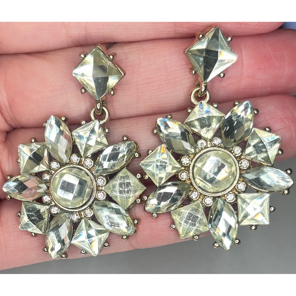 Avon Clear Rhinestone Gold Tone Starburst Drop Earrings Statement Dangle Pierced